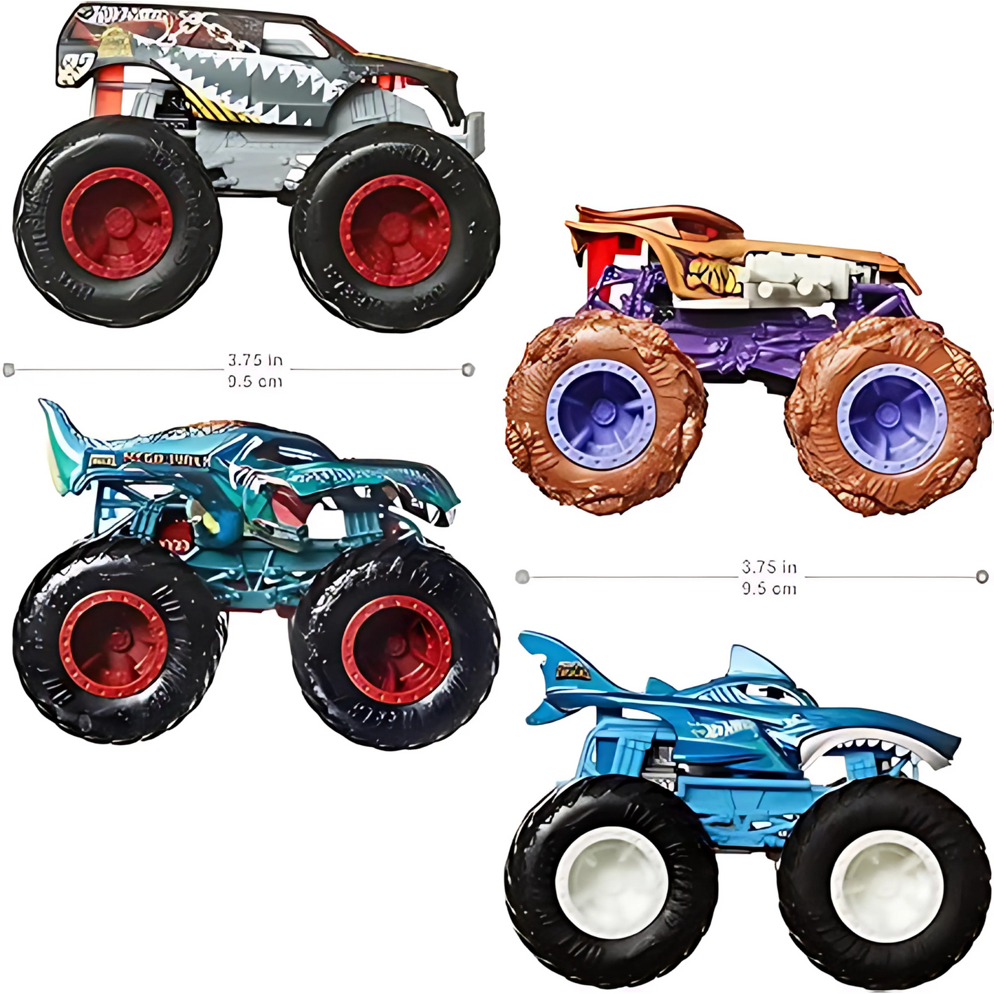 Hot Wheels Toy Monster Trucks Set of 4, 4-Pack of 1:64 / Giant Wheels